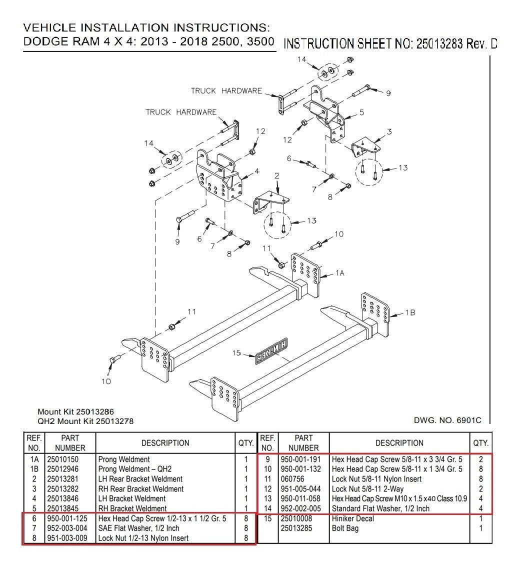 Hiniker 25013286 Snow Plow Mount Bolt Kit 2013-2018 Dodge 2500 3500 25013278
