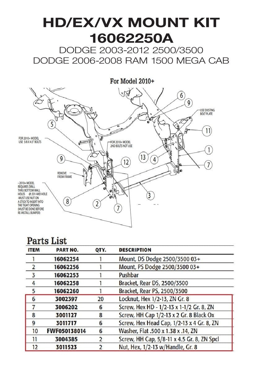 SnowDogg 16062250 Snow Plow Mount Bolt Kit *Only 10-12 Dodge 2500 3500* 16062255