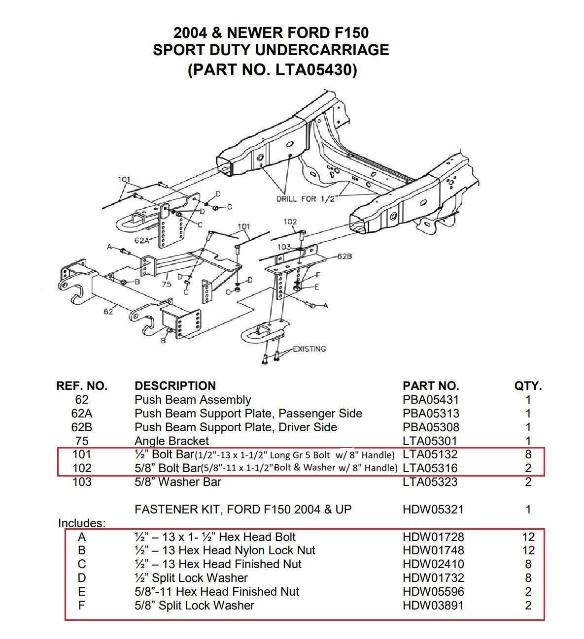 Boss LTA05300 LTA05430 Snow Plow Mount Bolt Kit RT3 HDW05321 HTX 04-08 Ford F150