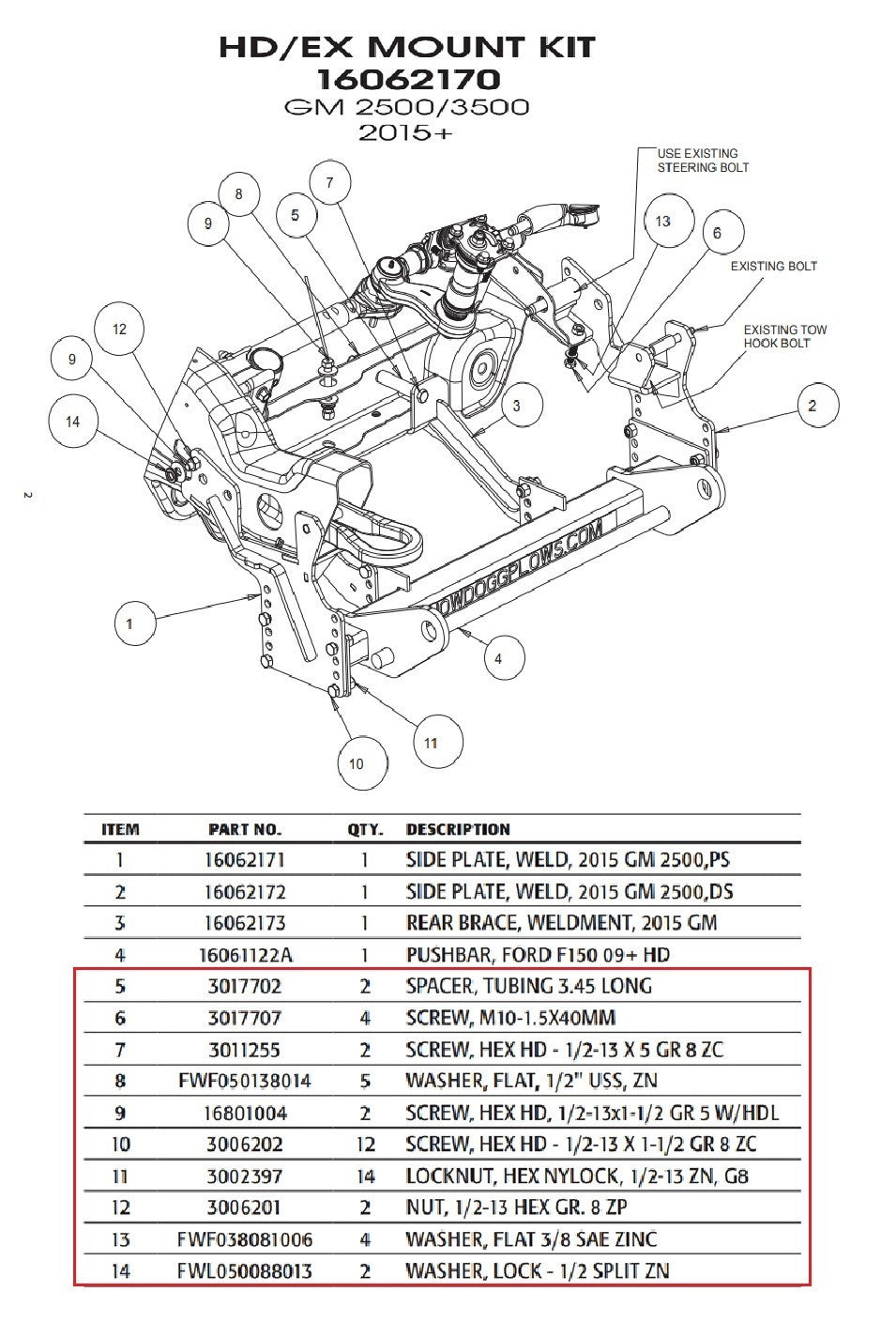 SnowDogg 16062170 Snow Plow Mount Bolt Kit 16062175 2015-2019 Chevy 2500 3500