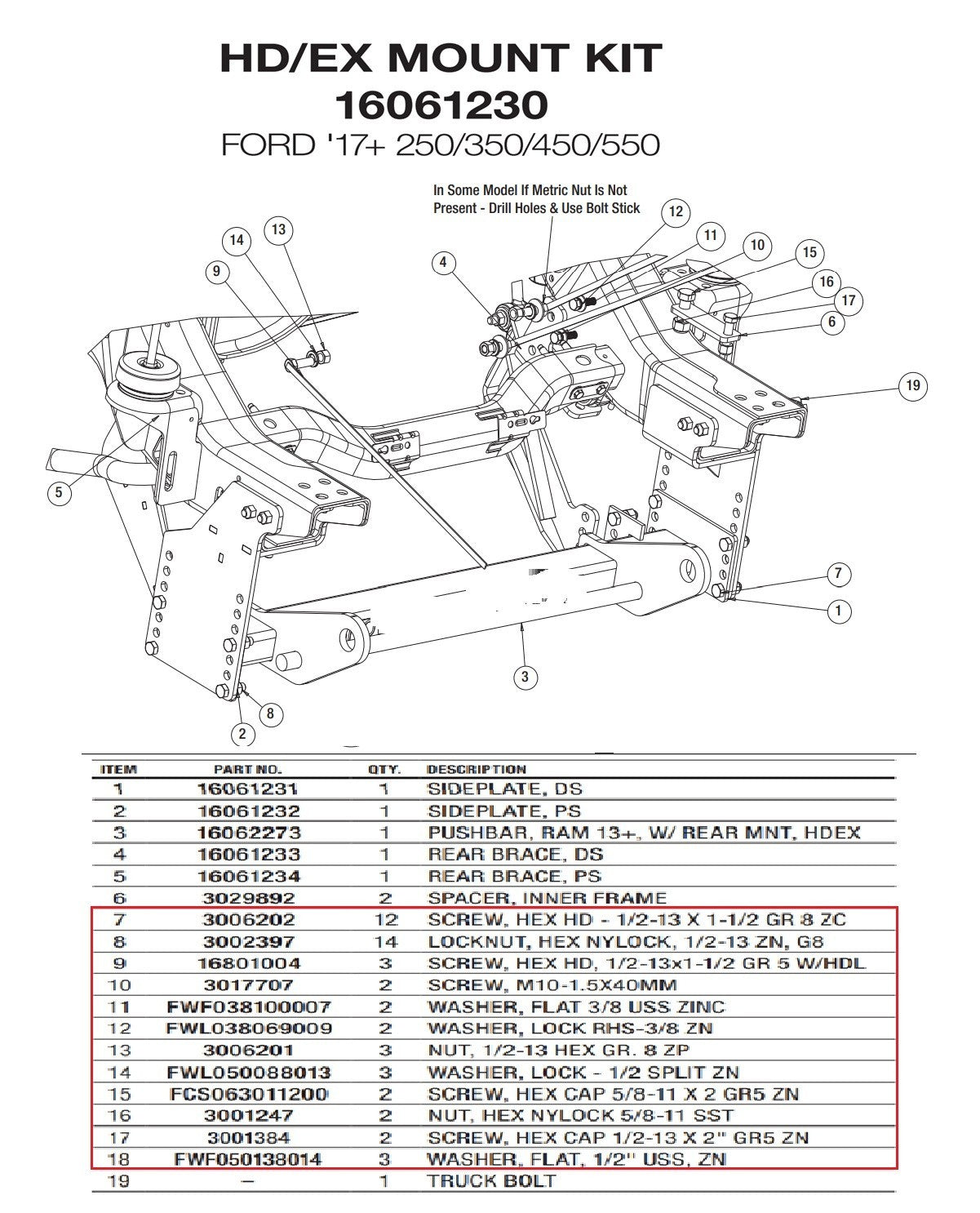 SnowDogg 16061230 Snow Plow Mount Bolt Kit 17+ Ford F250 F350 F450 Superduty