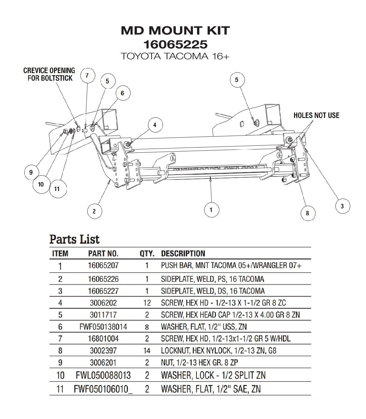 SnowDogg 16065225 Snow Plow Mount MD Bolt Kit for 2016+ Toyota Tacoma
