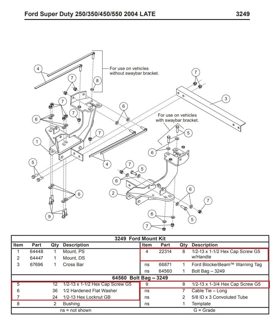 Western 3249 Snowplow Mount Bolt Kit 64560 Late 2004 Ford F250 350 450 Superduty