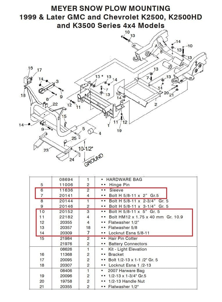 Meyer EZ Classic Snow Plow Mount Bolt Kit 17111 HD 99-06 Chevy/GMC 4x4 2500 3500