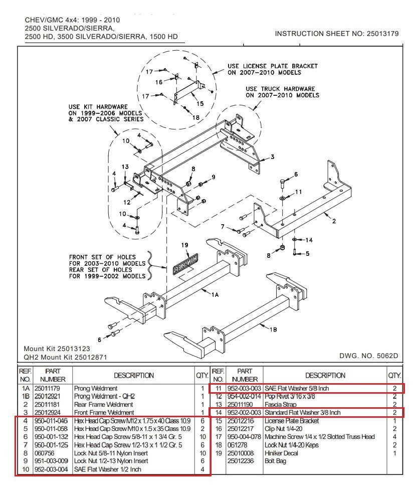 Hiniker Snow Plow Mount Bolt Kit 25013123 25012871 99-10 Chevy GMC 2500 3500
