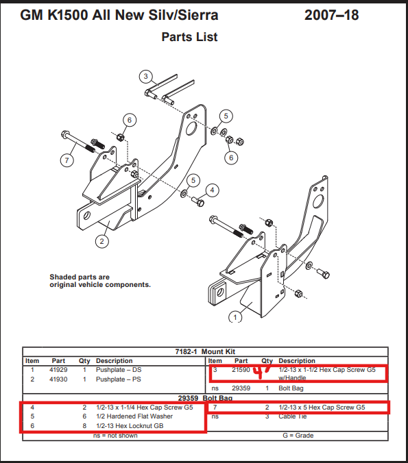 Fisher 7182-1 Snow Plow Mount Bolt Kit Minute 29359 2007-2018 Chevy GM GMC 1500