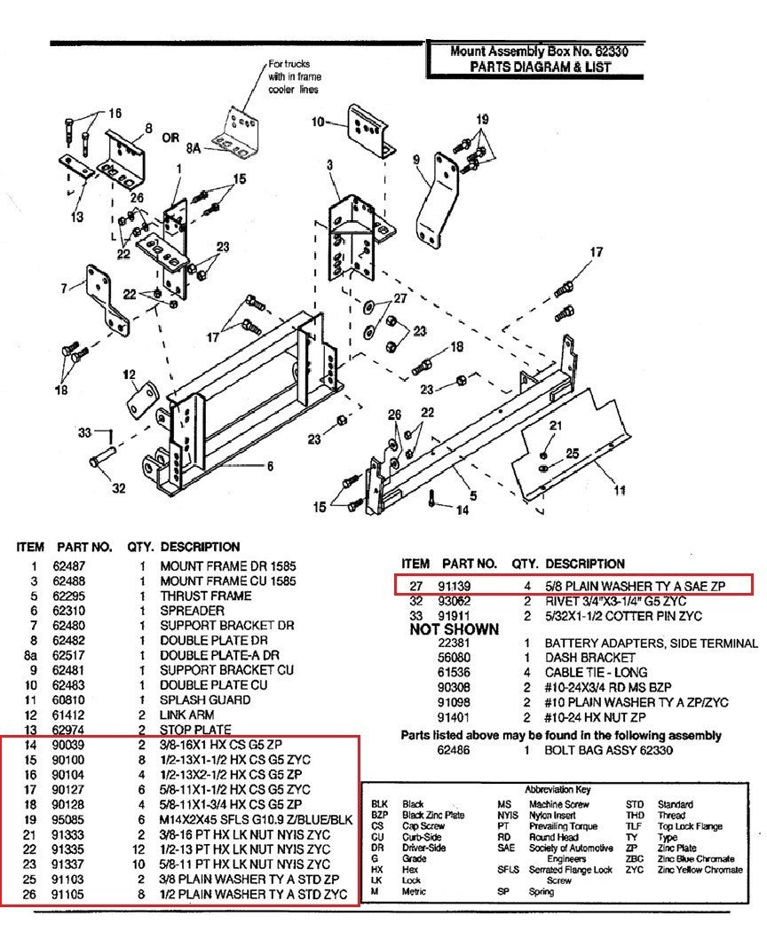 Western 62330 Snow Plow Mount Bolt Kit 62486 1988-1998 Chevy/GMC 1500 2500 3500