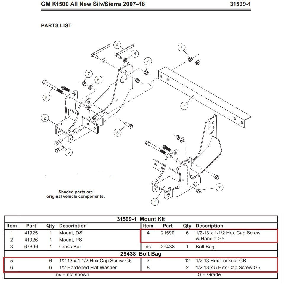 Western SnowEx 31599 31599-1 Snow Plow Mount Bolt Kit 29438 07-18 Chevy/GMC 1500