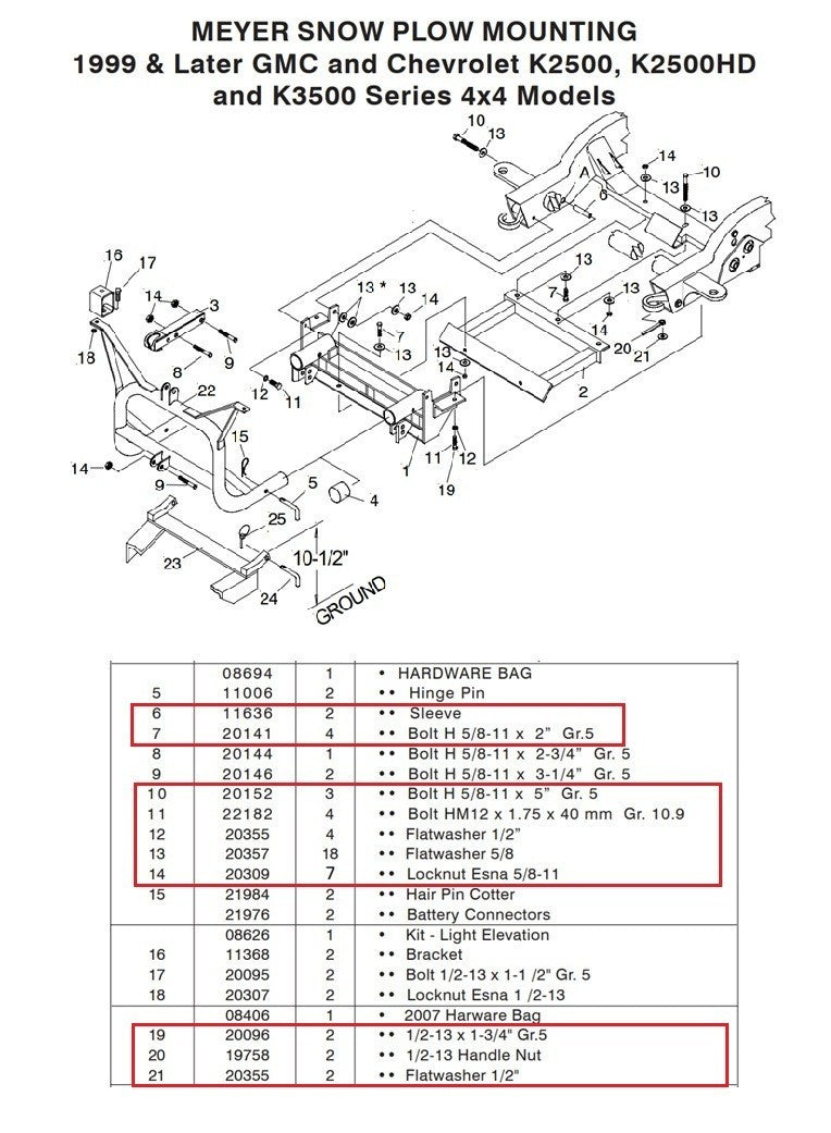 Meyer EZ Classic Snow Plow Mount Bolt Kit 17111 HD 07-10 Chevy/GMC 4x4 2500 3500