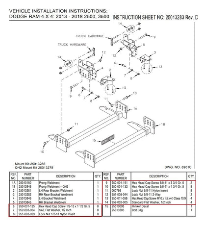 Hiniker  25013286 Snow Plow Mount Bolt Kit 2013-2018 Dodge 2500 3500 25013278