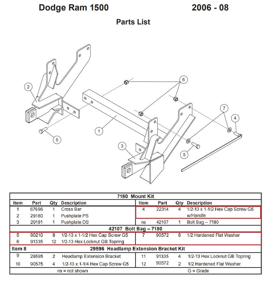 Fisher 7180 Snow Plow mount Bolt Kit 42107 Minute Mount 2006-2008 Dodge Ram 1500