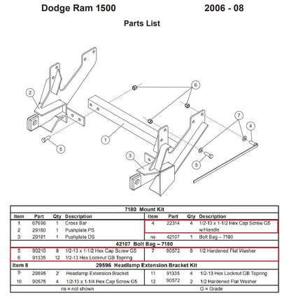Fisher 7180 Snow Plow mount Bolt Kit 42107 Minute Mount 2006-2008 Dodge Ram 1500