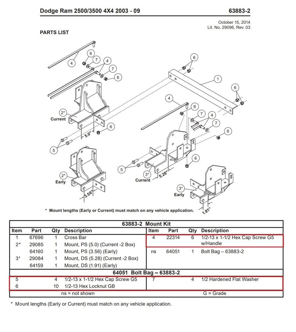 Western SnowEx 63883-2 Snow Plow Mount Bolt Kit  64051 2003-2009 Dodge 2500 3500