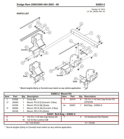Western SnowEx 63883-2 Snow Plow Mount Bolt Kit  64051 2003-2009 Dodge 2500 3500