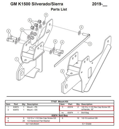 Fisher 77107 Snow Plow Mount Bolt Kit 83874 Minute Mount  2019+ Chevy/GMC 1500