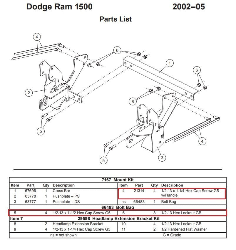 Fisher 7167 Snow Plow Mount Bolt Kit Minute 2 66483 2002-2005 Dodge 1500
