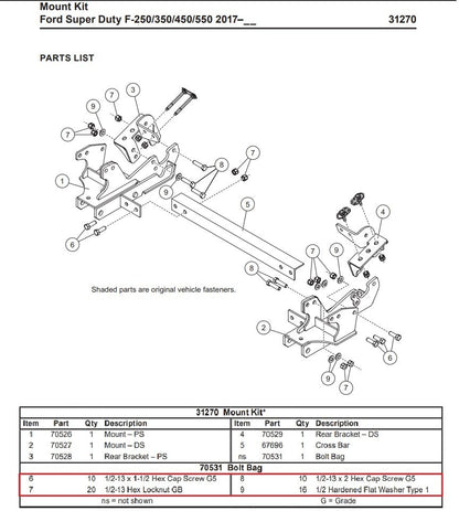 Western SnowEx 31270 31271  Snow Plow Mount Bolt Kit 70531 2017+ Ford F250 F350
