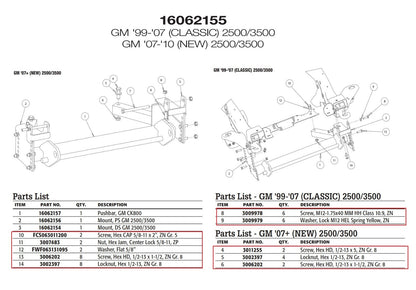 SnowDogg 16062150 Snow Plow Mount Bolt Kit 16062155 1999-2010 Chevy GM 2500 3500