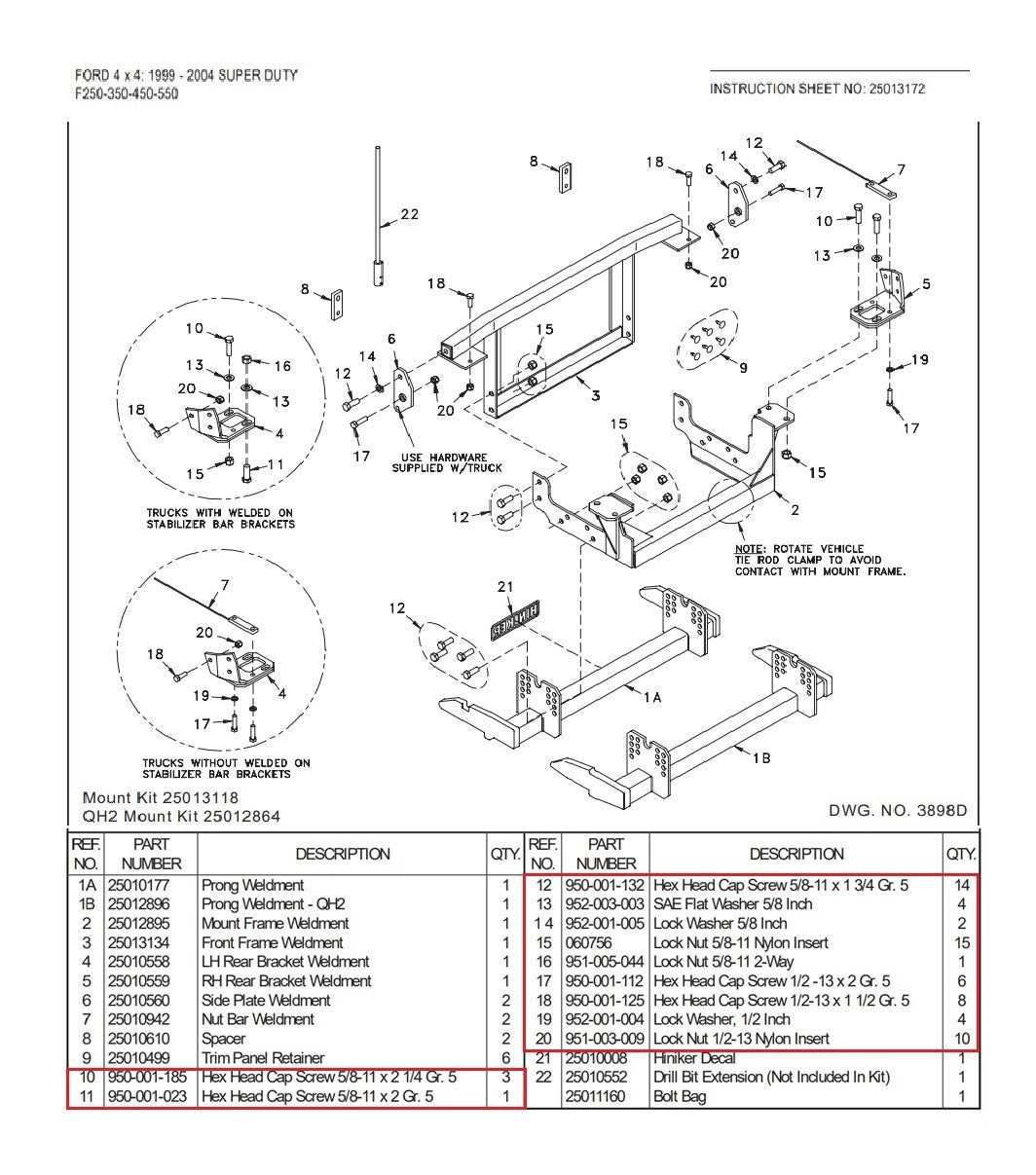 Hiniker 25013118 Snow Plow Mount Bolt Kit 25011160 1999-2004 Ford F250 F350
