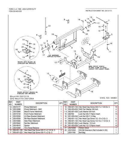 Hiniker 25013118 Snow Plow Mount Bolt Kit 25011160 1999-2004 Ford F250 F350
