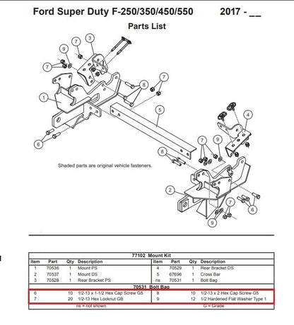 Fisher 77102 77114 Snow Plow Mount Bolt Kit 70531 2017+ Ford F250 F350