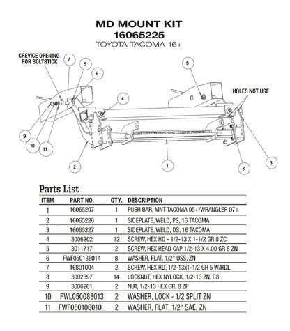 SnowDogg 16065225 Snow Plow Mount MD  Bolt Kit for 2016+ Toyota Tacoma