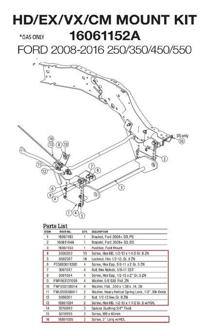 SnowDogg 16061152 Snow Plow Mount Bolt Kit 08-16 Ford Superduty *Gas Trucks Only