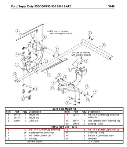 Western 3249 Snowplow Mount Bolt Kit 64560 Late 2004 Ford F250 350 450 Superduty