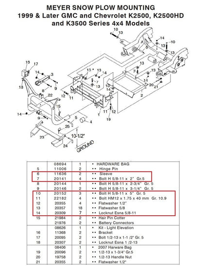 Meyer EZ Classic Snow Plow Mount Bolt Kit 17111 HD 99-06 Chevy/GMC 4x4 2500 3500