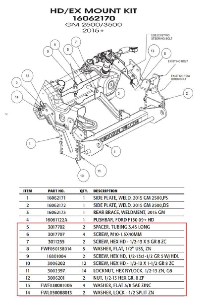 SnowDogg 16062170 Snow Plow Mount Bolt Kit 16062175 2015-2019 Chevy 2500 3500