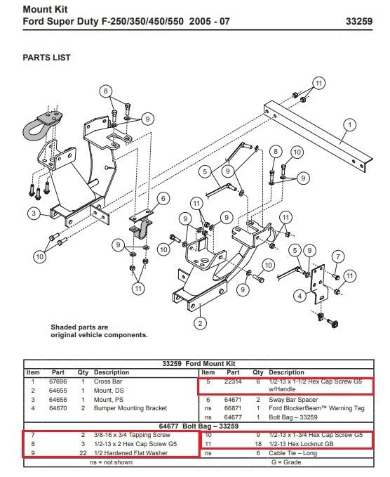 Western SnowEx 33259 Snowplow Mount Bolt Kit 64677 05-07 Ford Superduty Ultra