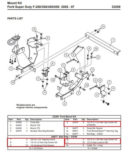 Western SnowEx 33259 Snowplow Mount Bolt Kit 64677 05-07 Ford Superduty Ultra