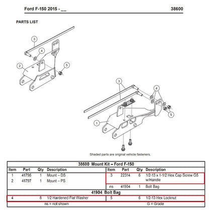 Western SnowEx 38600 Snow Plow Mount Ultramount Bolt Kit 41904 15-20 Ford F150