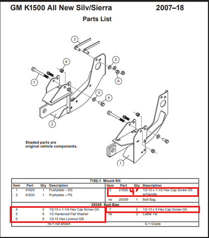 Fisher 7182-1 Snow Plow Mount Bolt Kit Minute 29359 2007-2018 Chevy GM GMC 1500