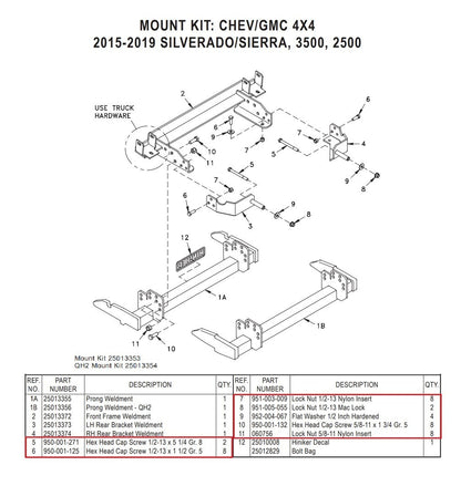 Hiniker Snow Plow Mount Bolt Kit 25013353 25013354 2015-2019 Chevy GMC 2500 3500