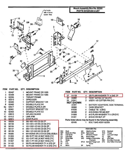 Western 62330 Snow Plow Mount Bolt Kit 62486 1988-1998 Chevy/GMC 1500 2500 3500