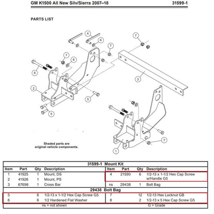Western SnowEx 31599 31599-1 Snow Plow Mount Bolt Kit 29438 07-18 Chevy/GMC 1500