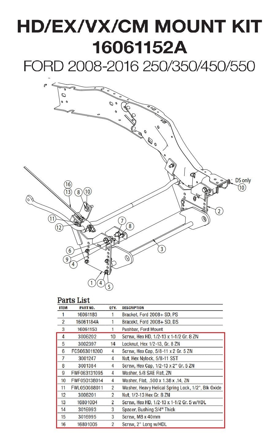 SnowDogg 16061152 Snow Plow Mount Bolt Kit 08-16 Ford Superduty *Diesel Only