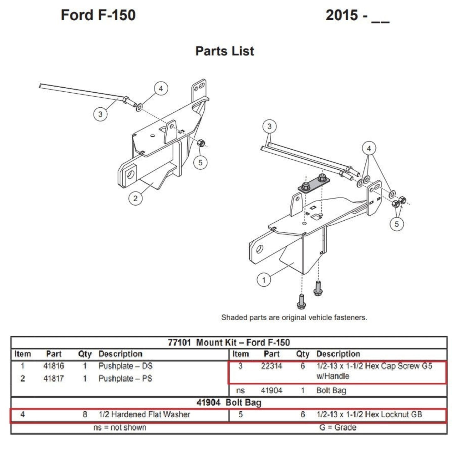 Fisher 77101 Snow Plow Mount Bolt Kit 41904 Minute 2 II 2015-2020 Ford F150