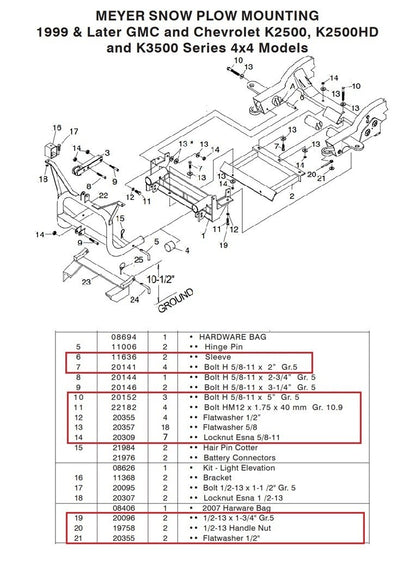 Meyer EZ Classic Snow Plow Mount Bolt Kit 17111 HD 07-10 Chevy/GMC 4x4 2500 3500